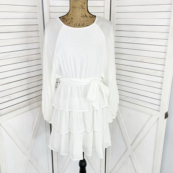 Entro Elizabeth Tiered Ruffle Bubble Sleeve Mini Dress White Medium Boho - Picture 2 of 16